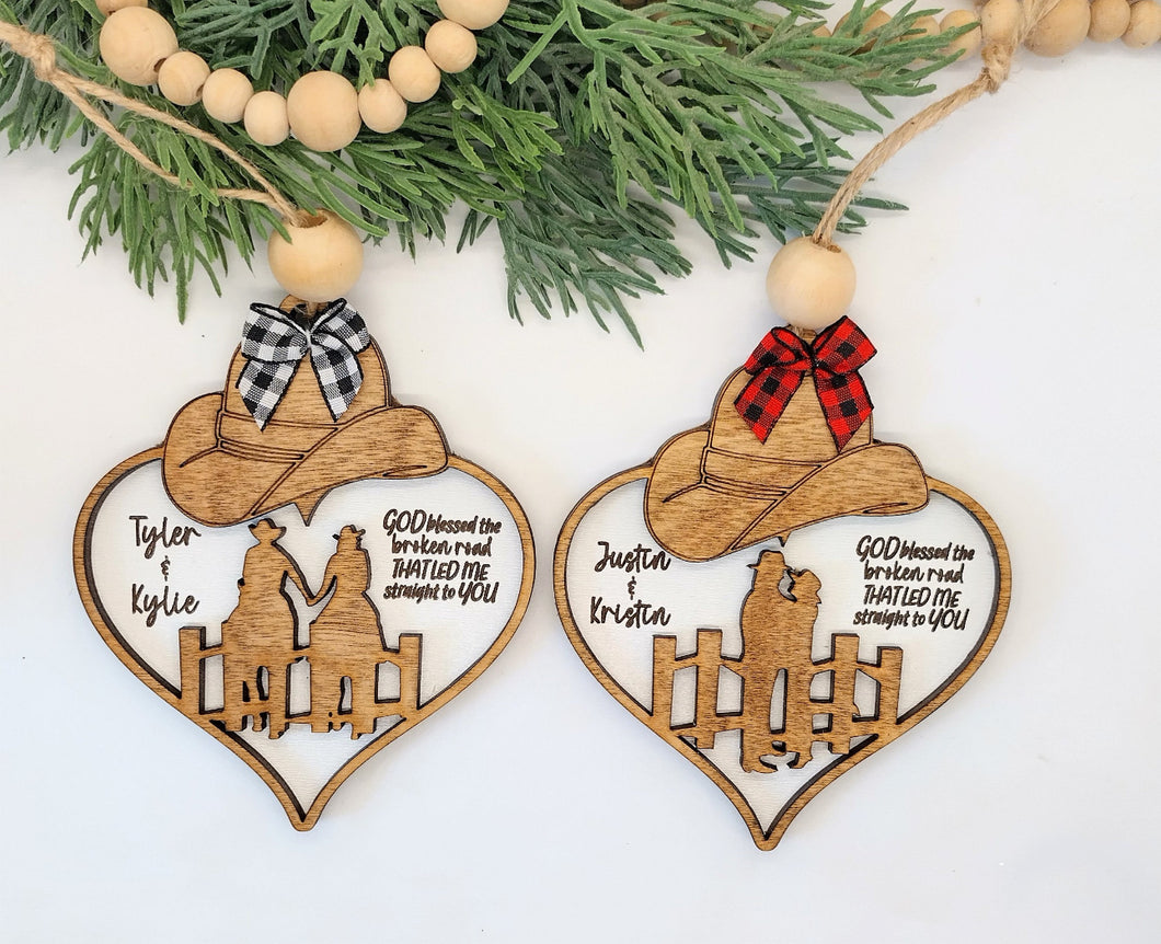 GOD blessed the broken road- couple ornaments